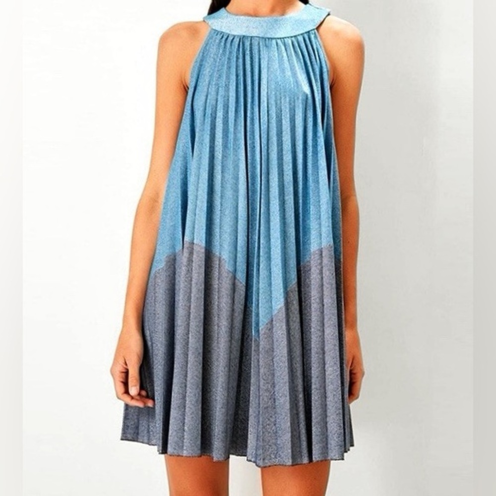 Free People High Necked Mod Themed Retro Shimmer Blue Mini Dress Size XL